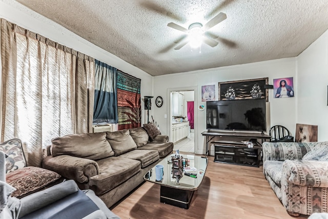 living room with ceiling fan, light hardwood / wood-style floors, and a textured ceiling