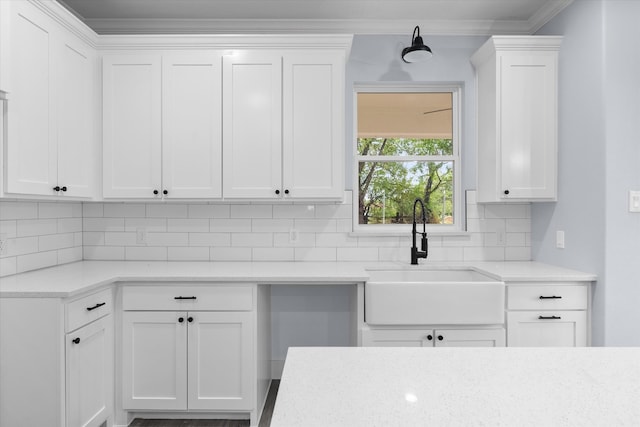 kitchen featuring crown molding, tasteful backsplash, sink, and white cabinets