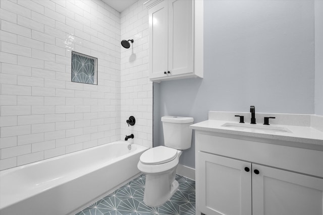 full bathroom with tiled shower / bath combo, vanity, toilet, and tile patterned floors