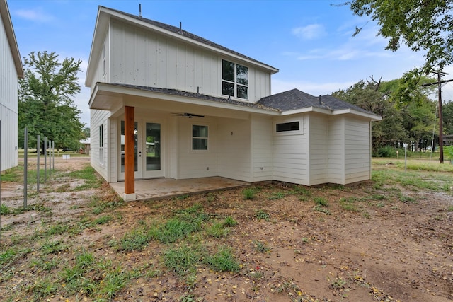 rear view of house featuring a patio and ceiling fan