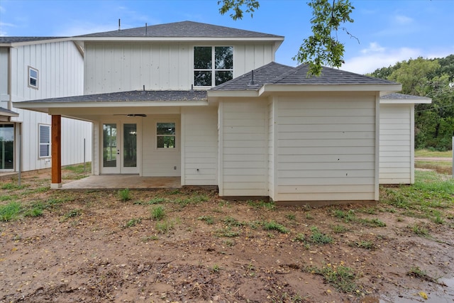 back of house with ceiling fan, french doors, and a patio