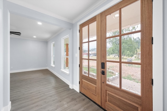 doorway featuring wood-type flooring, ornamental molding, ceiling fan, and a wealth of natural light