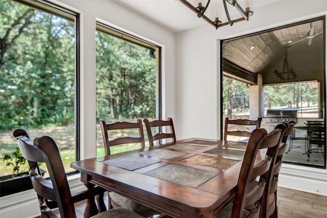 dining room with plenty of natural light, an inviting chandelier, and wood finished floors