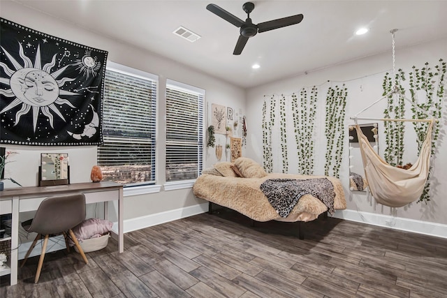 bedroom with baseboards, visible vents, ceiling fan, wood finished floors, and recessed lighting