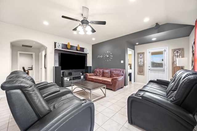 living room with ceiling fan and light tile patterned floors