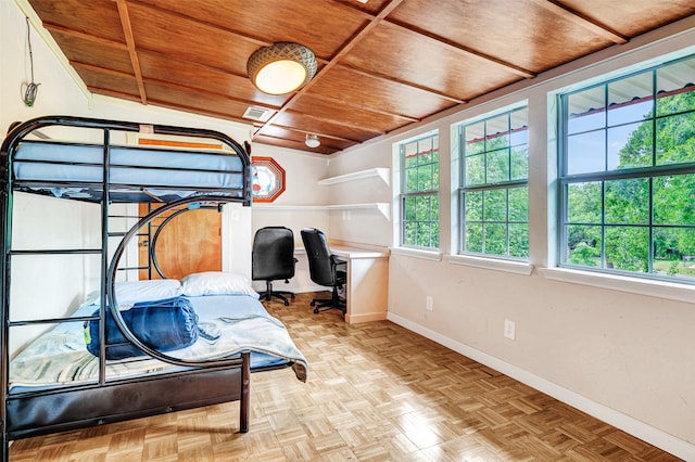 bedroom featuring wooden ceiling, lofted ceiling, and light parquet flooring