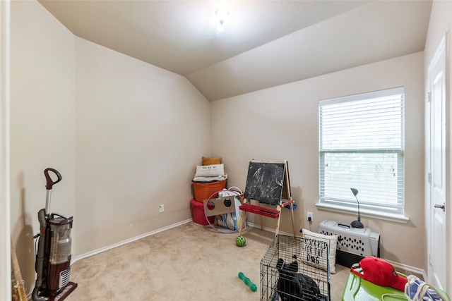 rec room featuring vaulted ceiling and light colored carpet