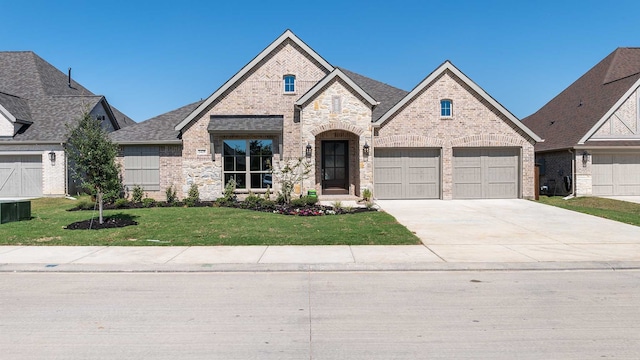 view of front of property with a garage and a front lawn