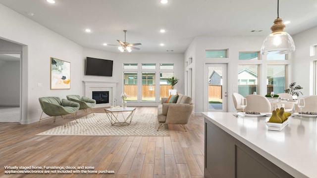 living room featuring ceiling fan, light hardwood / wood-style flooring, and a wealth of natural light