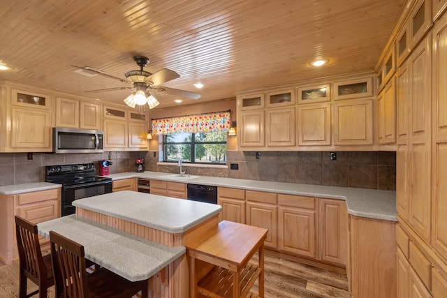 kitchen featuring tasteful backsplash, black appliances, light wood-type flooring, wooden ceiling, and ceiling fan