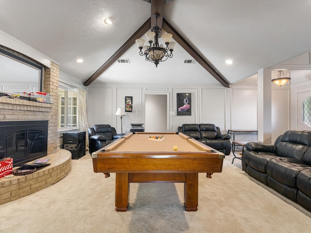 playroom featuring a fireplace, pool table, lofted ceiling with beams, and carpet floors