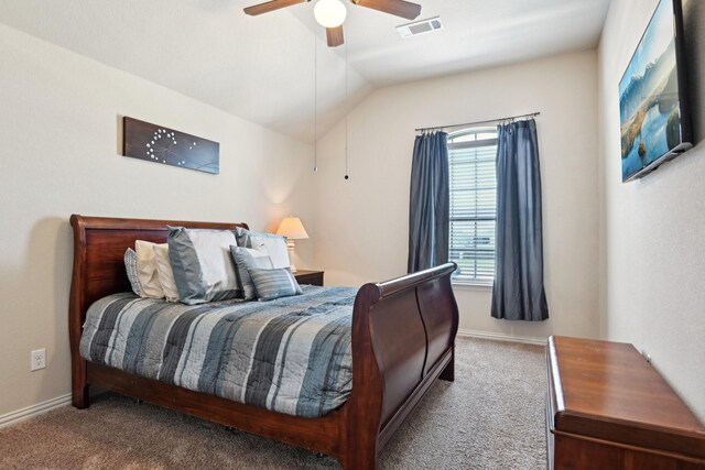 bedroom featuring ceiling fan, carpet, and lofted ceiling