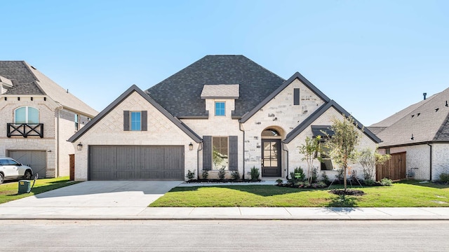 french country inspired facade featuring a front yard and a garage