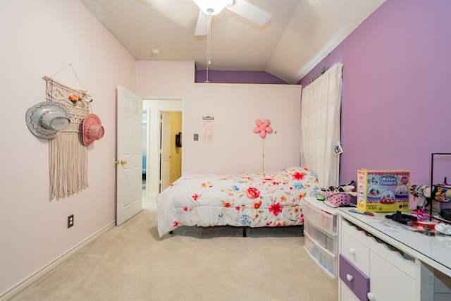 bedroom featuring light carpet, ceiling fan, and lofted ceiling