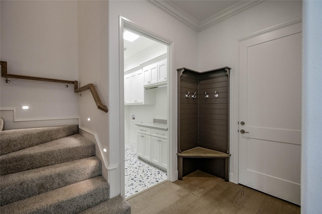 mudroom with crown molding and light wood-type flooring