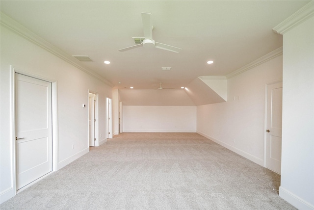 bonus room featuring light colored carpet and ceiling fan