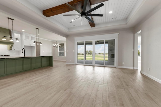 unfurnished living room featuring ceiling fan with notable chandelier, a raised ceiling, sink, light hardwood / wood-style flooring, and wooden ceiling