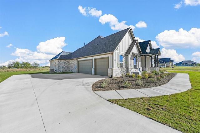 view of property exterior featuring a yard and a garage