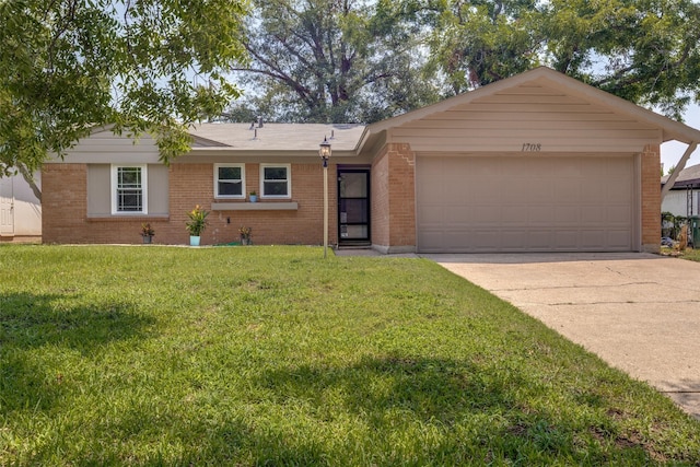 ranch-style house with a garage and a front yard