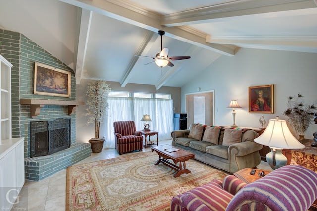 living room with vaulted ceiling with beams, brick wall, a fireplace, and ceiling fan