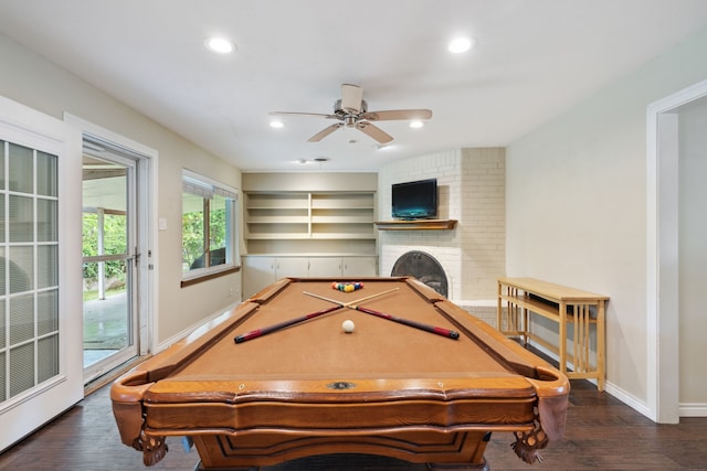 playroom featuring ceiling fan, brick wall, dark hardwood / wood-style flooring, and pool table