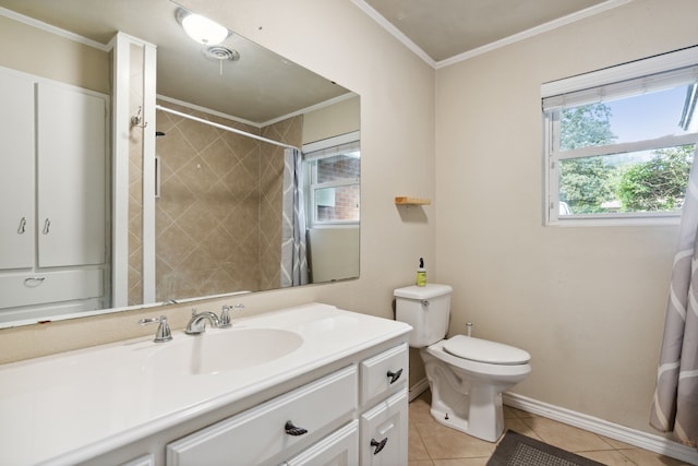 bathroom with tile patterned flooring, toilet, vanity, and ornamental molding