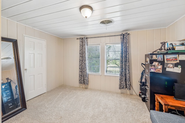 interior space featuring wooden walls and ornamental molding