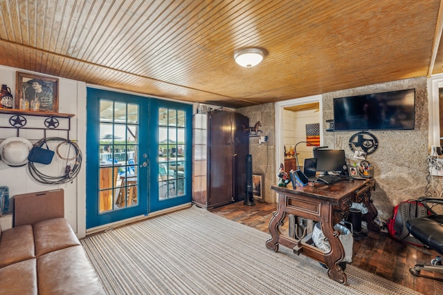 office space with french doors, hardwood / wood-style floors, and wood ceiling