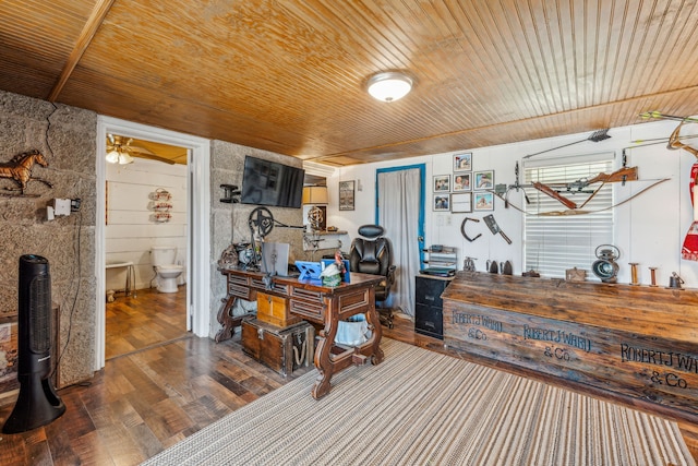 office area featuring wood ceiling, ceiling fan, and hardwood / wood-style flooring