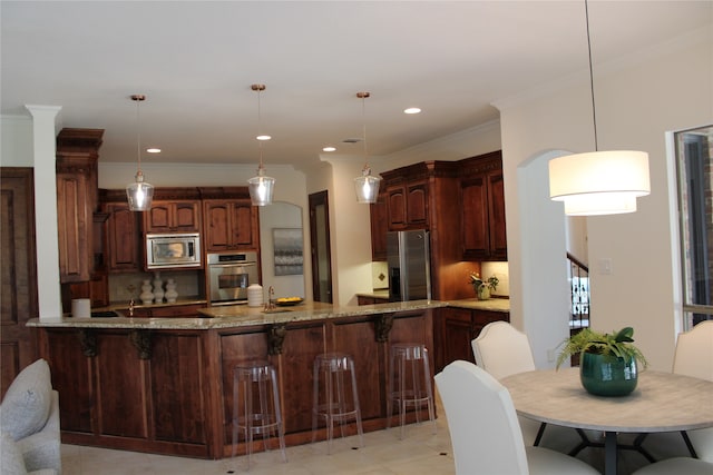 kitchen featuring light tile patterned floors, stainless steel appliances, stone countertops, decorative backsplash, and decorative light fixtures