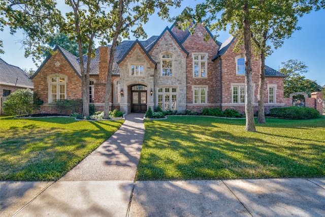 english style home featuring french doors and a front lawn