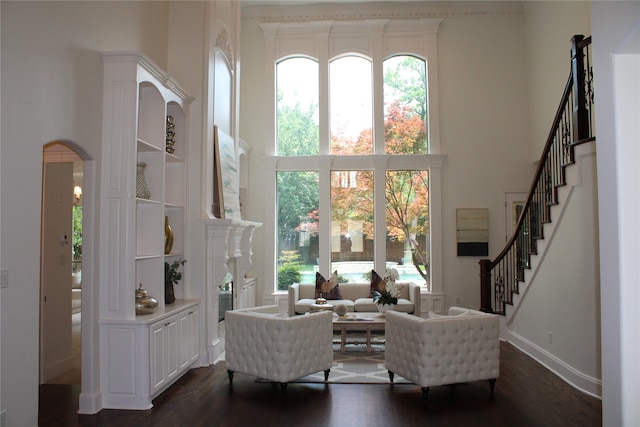 living room featuring a healthy amount of sunlight, hardwood / wood-style floors, and a towering ceiling