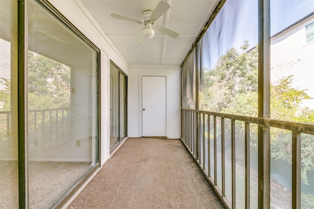 unfurnished sunroom featuring ceiling fan