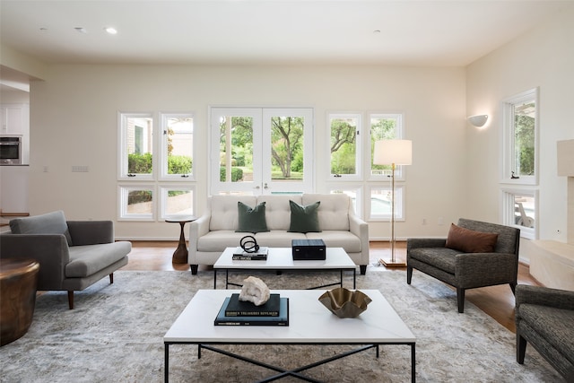 living room with french doors and light hardwood / wood-style floors