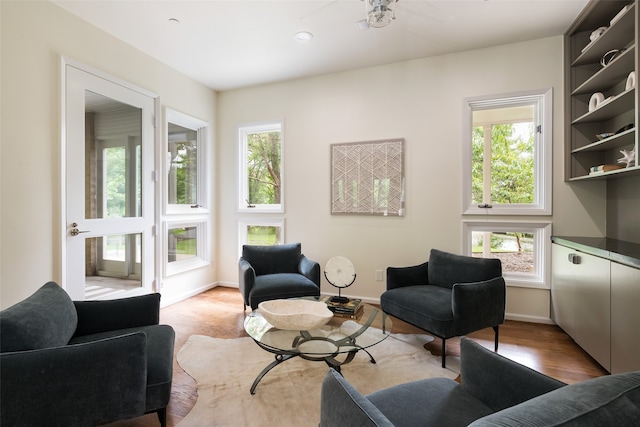 living room with light hardwood / wood-style flooring, a healthy amount of sunlight, and ceiling fan