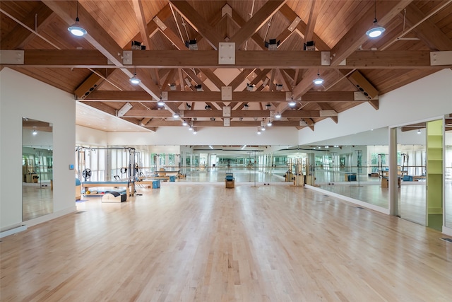 exercise area featuring wood-type flooring and vaulted ceiling