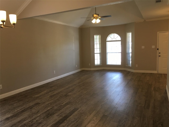 interior space with lofted ceiling, dark wood-type flooring, ceiling fan with notable chandelier, and crown molding