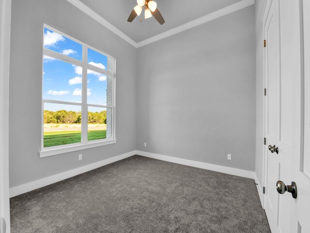 carpeted empty room with ceiling fan and ornamental molding