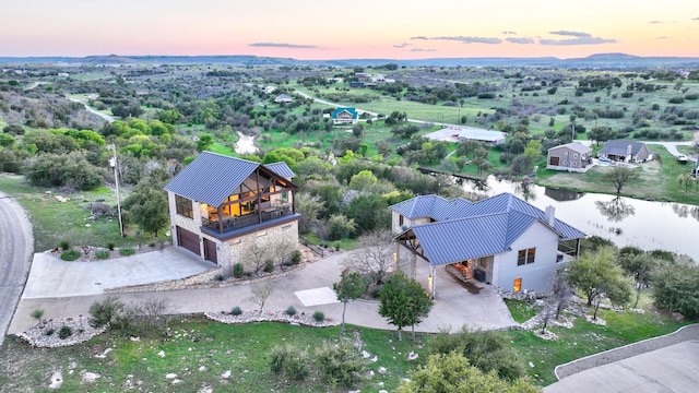 view of aerial view at dusk