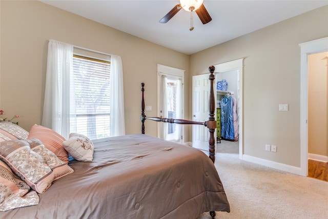 carpeted bedroom with ceiling fan, a walk in closet, and a closet