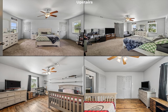 1320 Murrah Ln, Kaufman, TX 75142 - bedroom with an office area, lofted ceiling, hardwood / wood-style floors, and ceiling fan