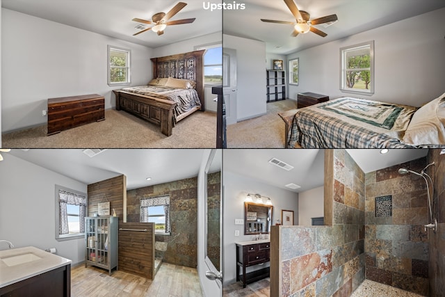 bedroom with light wood-type flooring, sink, and ceiling fan