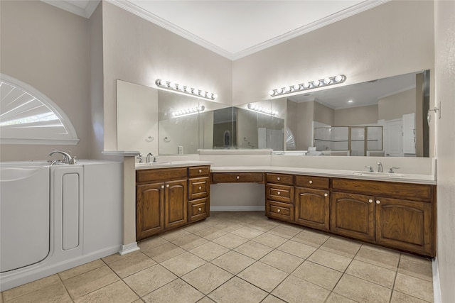 bathroom with crown molding, vanity, tile patterned flooring, and shower with separate bathtub