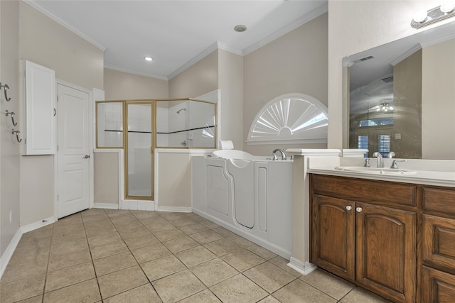 bathroom with ornamental molding, vanity, separate shower and tub, and tile patterned flooring