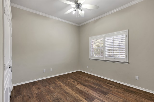 unfurnished room featuring hardwood / wood-style floors, ceiling fan, and crown molding