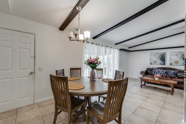 tiled dining area with a notable chandelier, a textured ceiling, and vaulted ceiling with beams