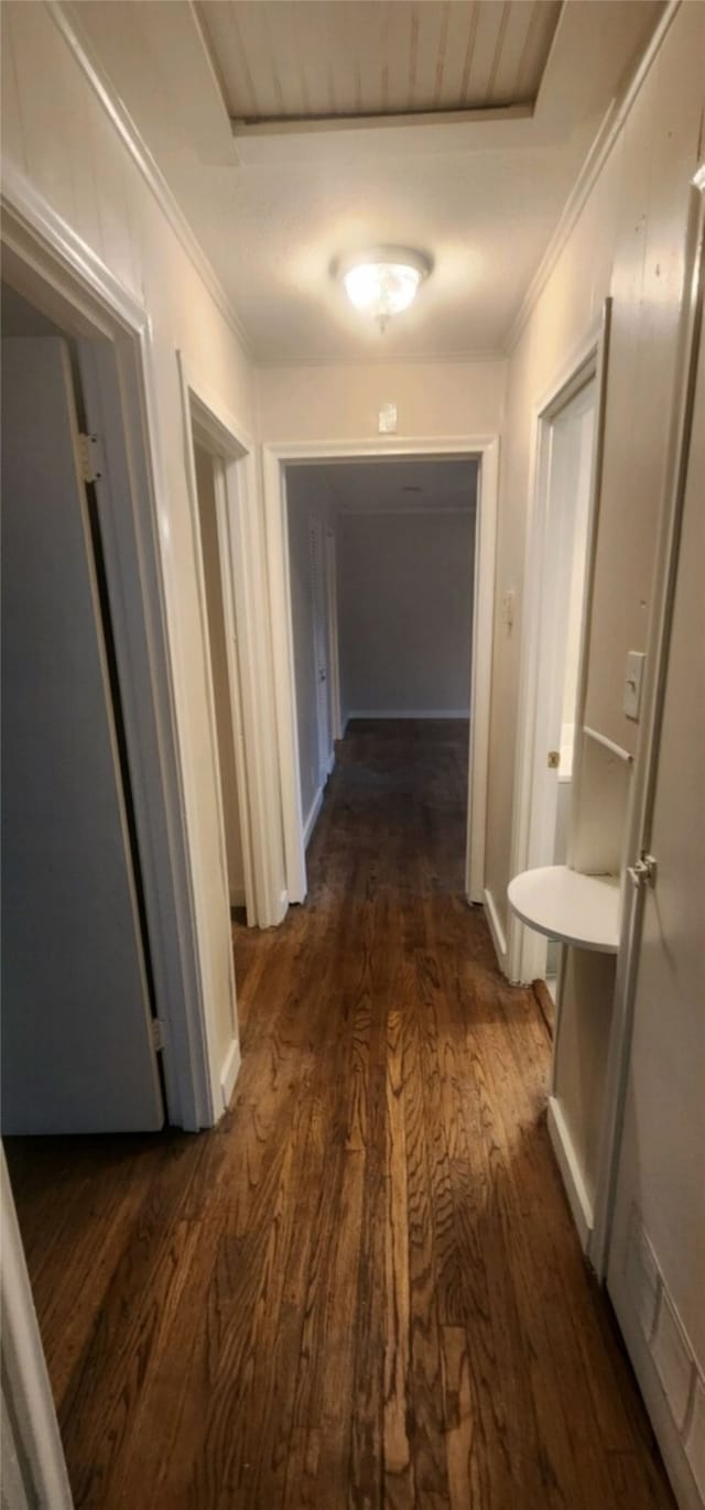 corridor with dark hardwood / wood-style flooring and ornamental molding