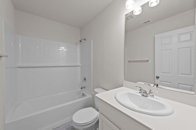 full bathroom with toilet, vanity, and tub / shower combination