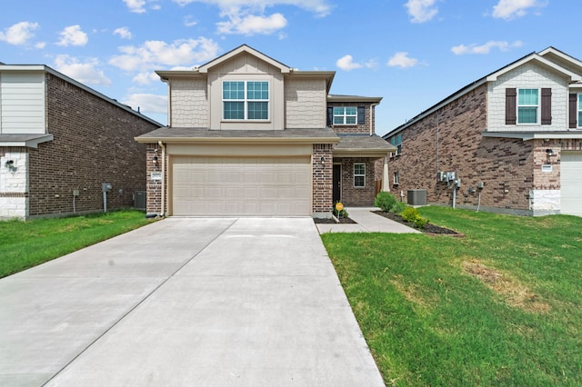 view of front of home with a garage, a front lawn, and cooling unit