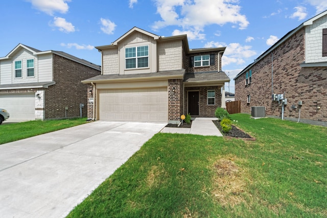 view of front of property with a garage, central air condition unit, and a front yard